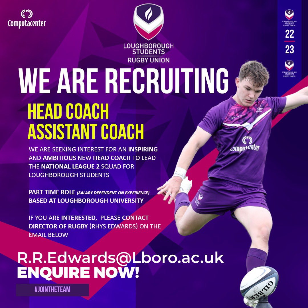 LboroRugby's tweet photo. We are looking for new performance coaches @LboroRugby 

Opportunities to develop world class players in world class facilities. Please get in touch if interested. 

Please share @rugbyvacancies https://t.co/HWotmu0CUe