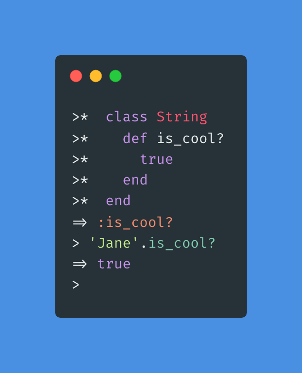 residentlytech's tweet photo. In Ruby, you can reopen any existing class at runtime: https://t.co/Uo7BgLvBdi

#CodeTime #Ruby #Programming #Classes https://t.co/dz9nF9EHId