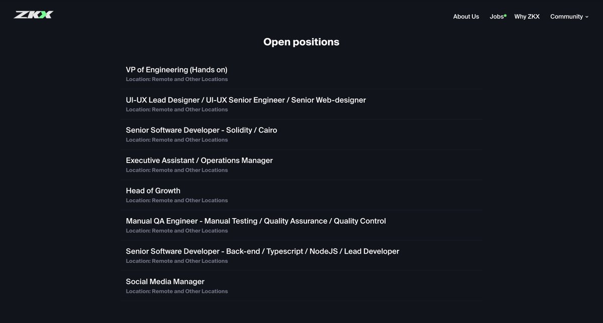 gm 🌄  

You can now find our open roles on our website! Join us to build the future of DeFi 🚀

Apply here 🤌 zkx.fi/jobs