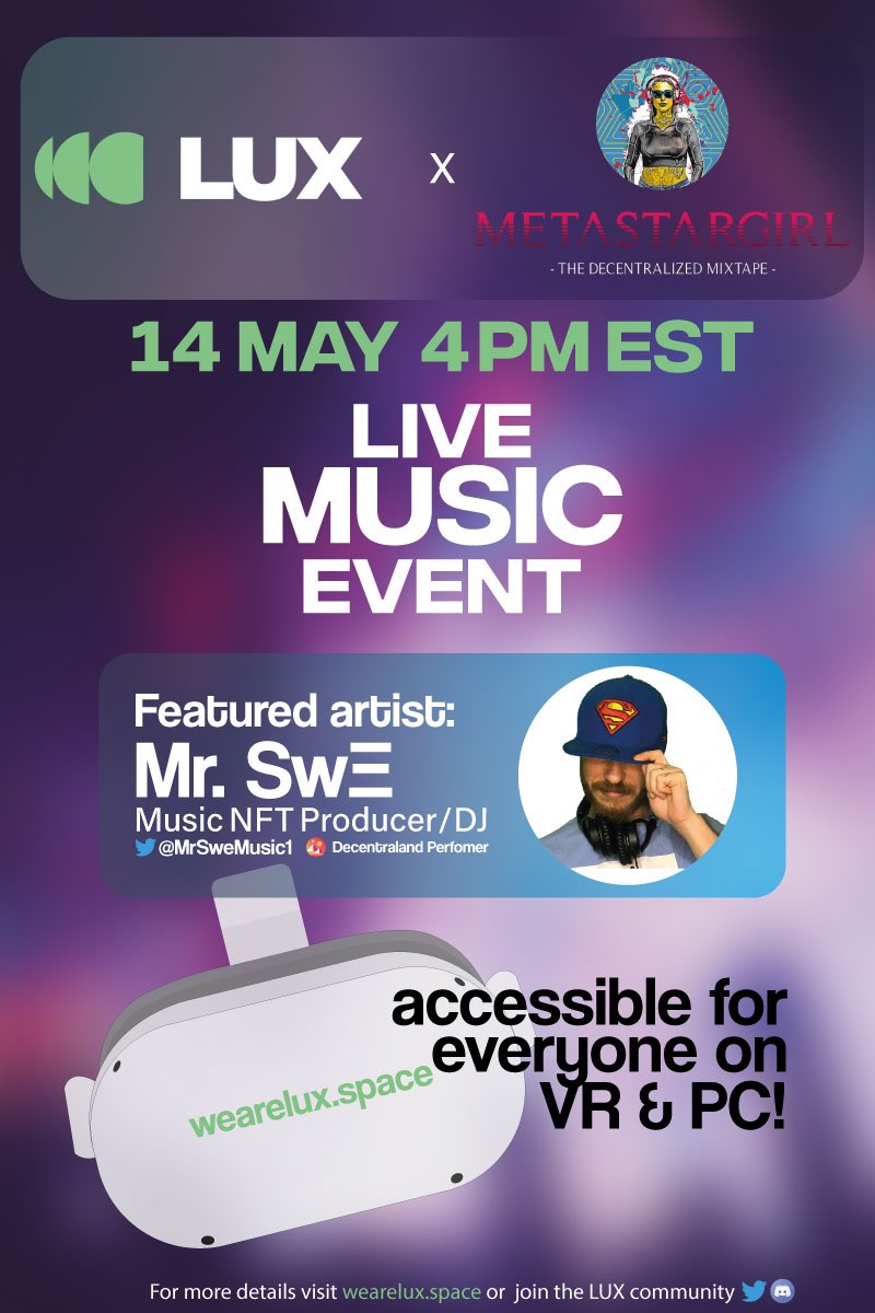 So happy for this Saturday 14th in #collab with <a href="/weareLUX_space/">LUX</a> and <a href="/MetaStarGirl1/">Meta Star Girl</a> my first event for a VR metaverse and so excited to meet the LUX Citizens!
wearelux.space
🔥☝️☝️
#musicNFTs #metaverse #event
