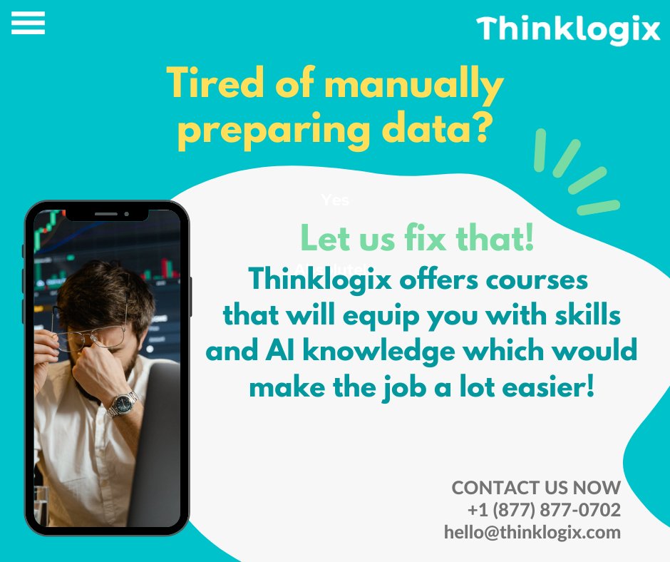 Think_Logix's tweet image. According to research, over 57% of data scientists consider data preparation as time consuming. Thinklogix offers courses lead by a highly talented group of educators and business leaders in the field of technology! Let us help you! Visit: thinklogix.com