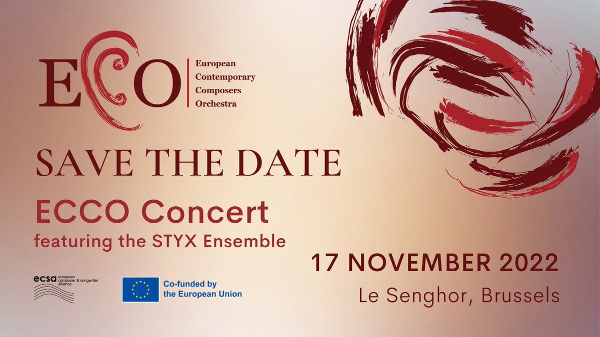 Creators_ECSA's tweet photo. 📣Save the date!
ECSA is delighted to invite you to the seventeenth edition of the #ECCOconcert that will be performed by #EnsembleSTYX
🗓️17 November 2022
📍@Le_Senghor, #Brussels
Find the event and all relevant information here: https://t.co/t2872CLlUt https://t.co/SpUwwyQc6A