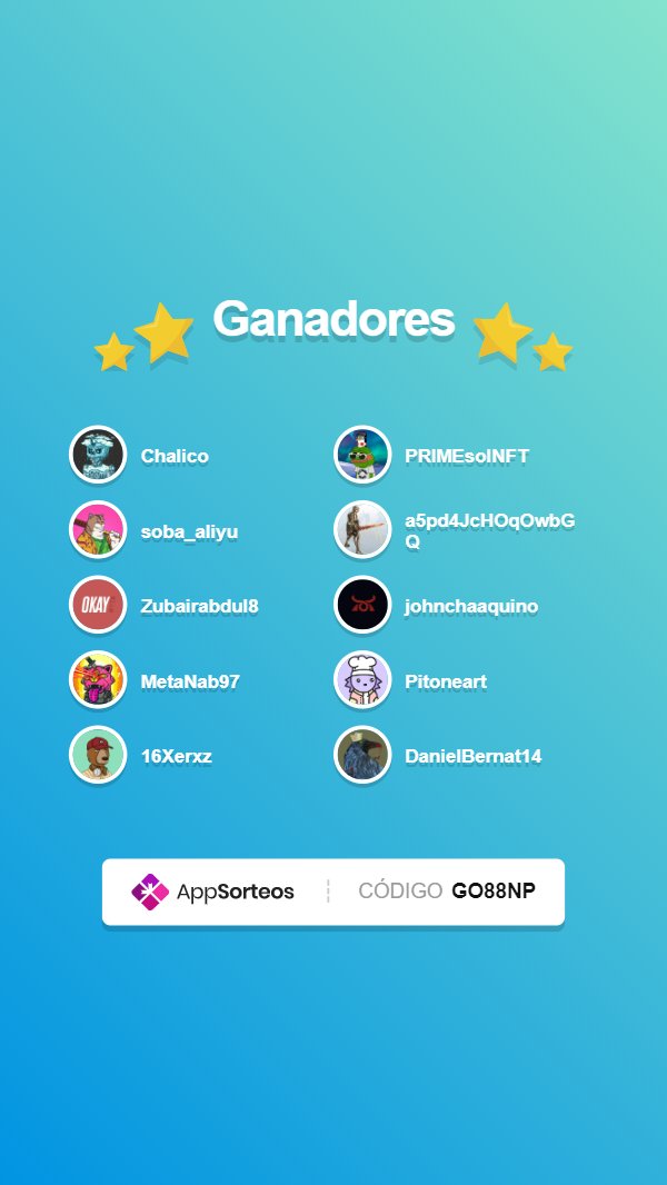 Meta_Streams's tweet photo. Here we have the winners:
x5 OG
@Chalico 
@soba_aliyu 
@Zubairabdul8 
@MetaNab97 
@16Xerxz 
x5 WL
@PRIMEsoINFT
@a5pd4JcHOqOwbGQ 
@johnchaaquino 
@Pitoneart 
@DanielBernat14 https://t.co/domhuJjJPD