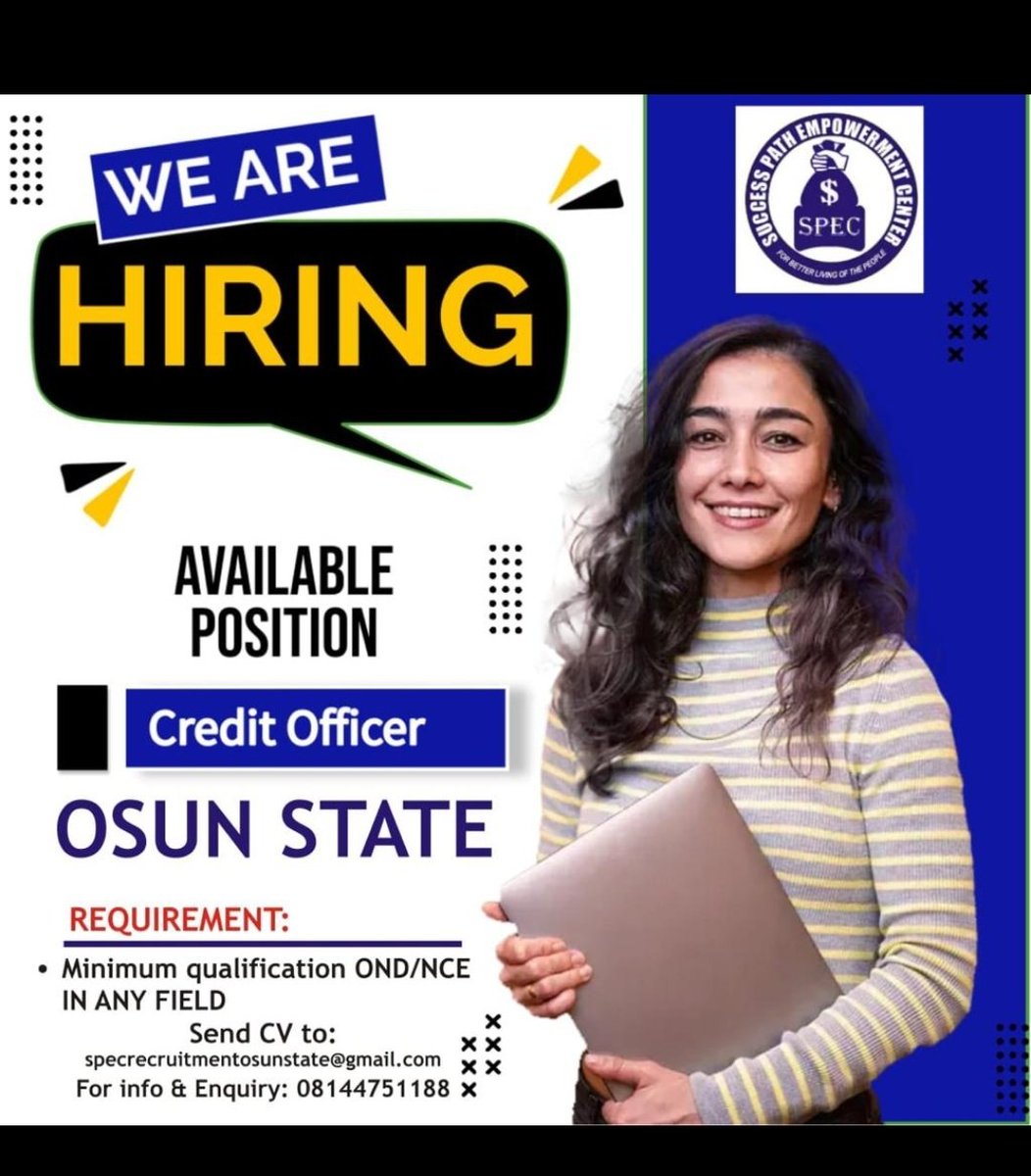 kgcoded's tweet photo. My Osogbo and Osun State People in general this is for you. SPEC is a fast rising Financial Institution that needs more hands on Deck to Achieve their Financial inclusion and Sustainability goal.
@inside_ijesa @InsideOsogbo 

#Financialinclusion https://t.co/v3bF9ub0ty