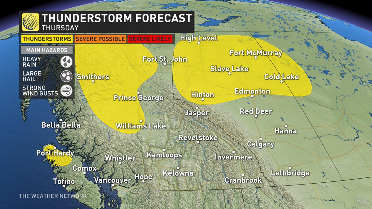 MurphTWN's tweet photo. Today's #thunderstorm risk includes northern regions of B.C. &amp; Alberta. Will likely see more of this again tomorrow &amp; possibly more organized storms. Thinking of those in #Chateh, AB who had to flee their homes due to overland flooding. #ABstorm #BCstorm https://t.co/c5M11xc1E6