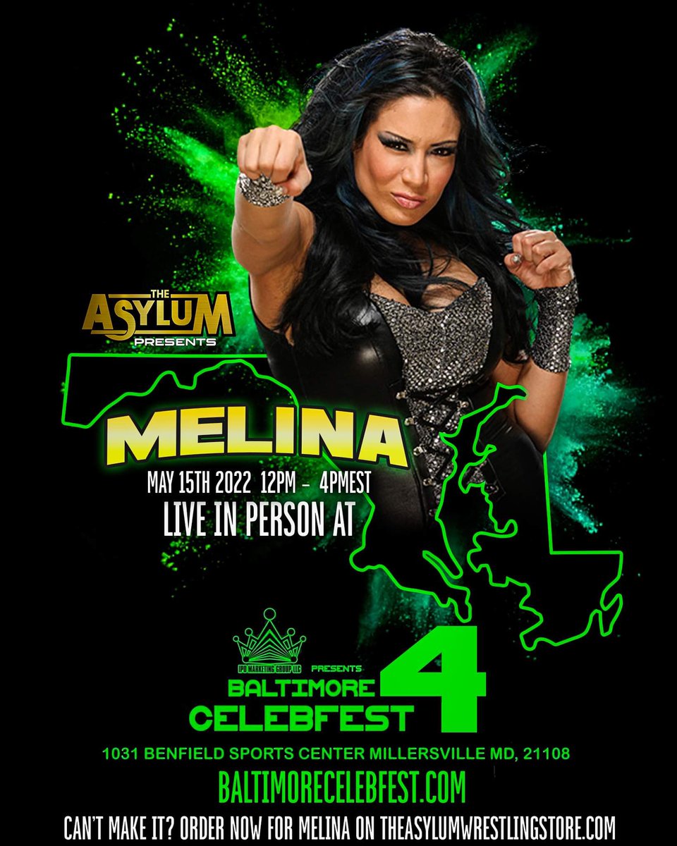 This weekend we are live with the beautiful <a href="/RealMelina/">🄼🄴🄻🄸🄽🄰</a> at <a href="/BaltCelebfest/">BaltimoreCelebfest</a> !! 

Come hang out and grab an Autograph and Photo Op with one of Wrestlings top Females !! 

Pre Orders are available at the link below for those attending and not attending. 

theasylumwrestlingstore.com/melina