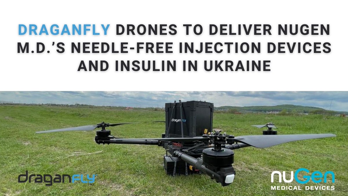 The combination of <a href="/DraganflyInc/">Draganfly Inc.</a> Medical Response #Drones and <a href="/NuGenMD/">NuGen Medical Devices</a>'s easy-to-use, needle-free injectors, pre-loaded with insulin, will ensure that <a href="/RevivedUkraine/">Revived Soldiers Ukraine</a> can provide diabetic Ukrainians with the aid they require. bit.ly/3LcIpzs
