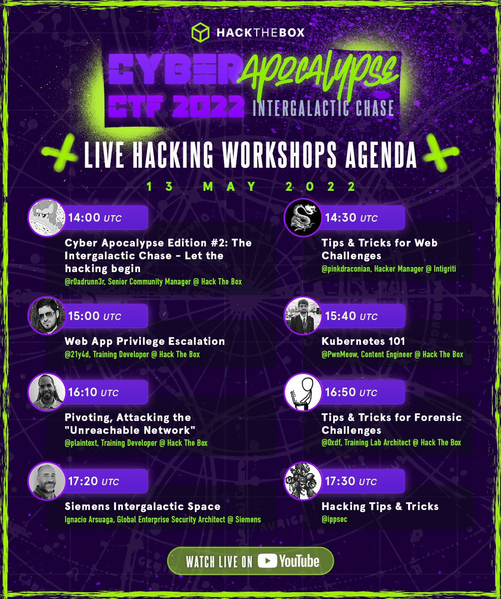 hackthebox_eu's tweet image. #Web app #privesc or tips for #forensics challenges? Kubernetes basics or #pivoting to attack networks? 🤔
Good news, no need to choose! Those are only some of the few topics of Friday's #hacking workshops! Watch them live on youtube: youtu.be/0vya9j9sDXY
#CyberApocalypse22
