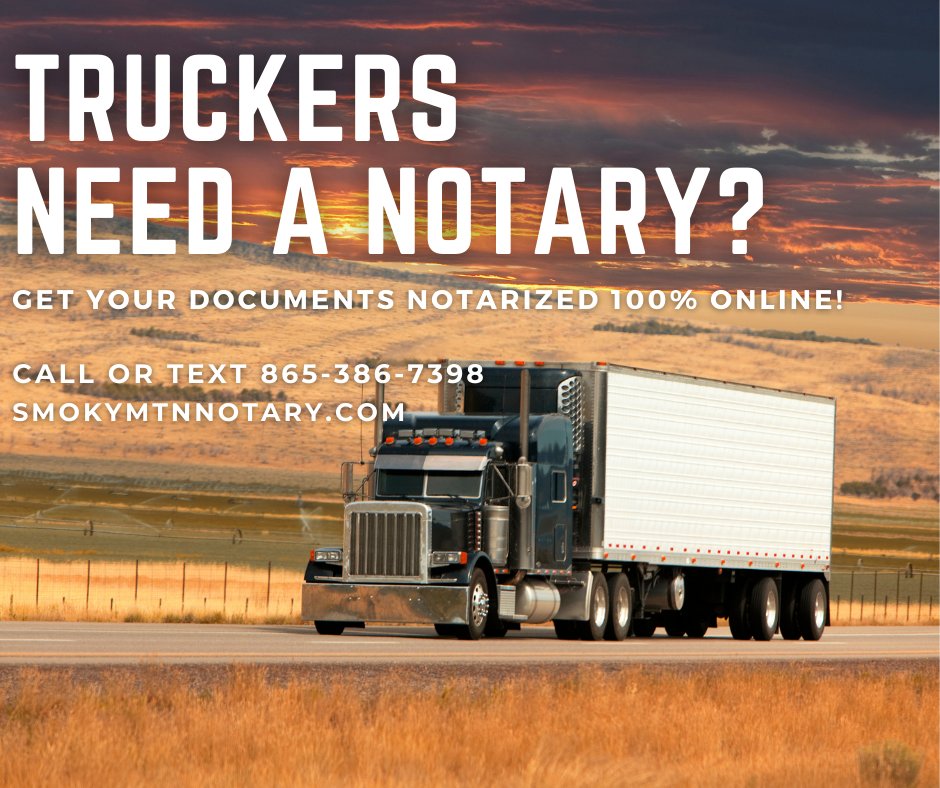 SmokyMtnNotary's tweet photo. Truckers:
Get your documents notarized 100% online!
Thereโs no need to search for a notary any more!
#OnlineNotary #TruckerNotary #TennesseeOnlineNotary #VirtualNotary #NationwideNotary https://t.co/WxjtmI9EWt