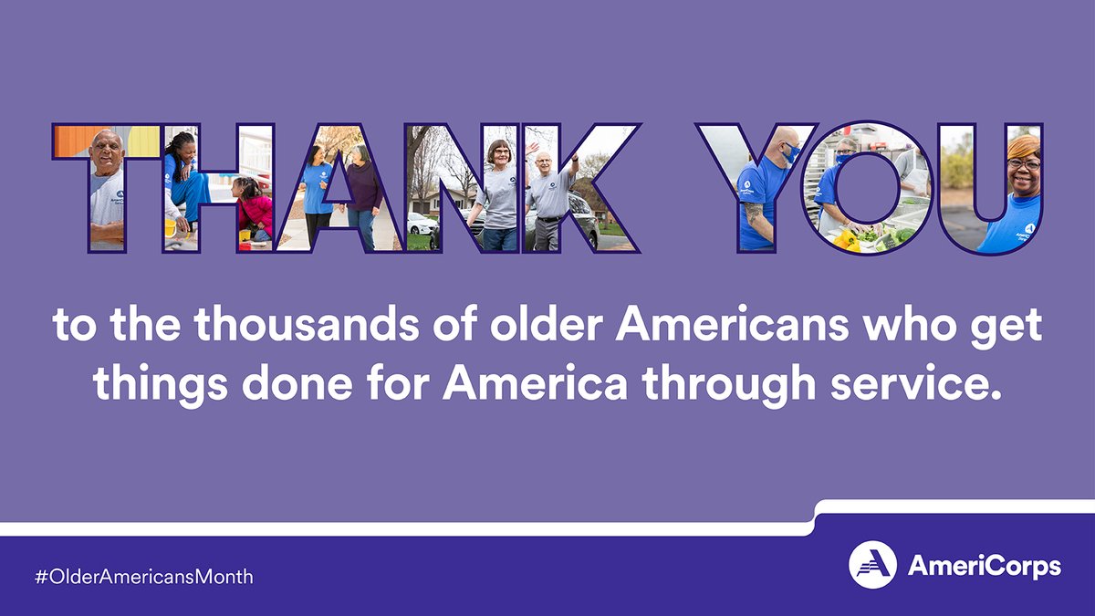 AmeriCorps's tweet photo. This #ThankfulThursday, let’s give #AmeriThanks to the 170K+ older Americans who lend their wisdom &amp; experience to make a difference in their communities through #NationalService. #RT to say thank you with us.

#OlderAmericansMonth #ServiceShoutout https://t.co/VXEuK4LLIl