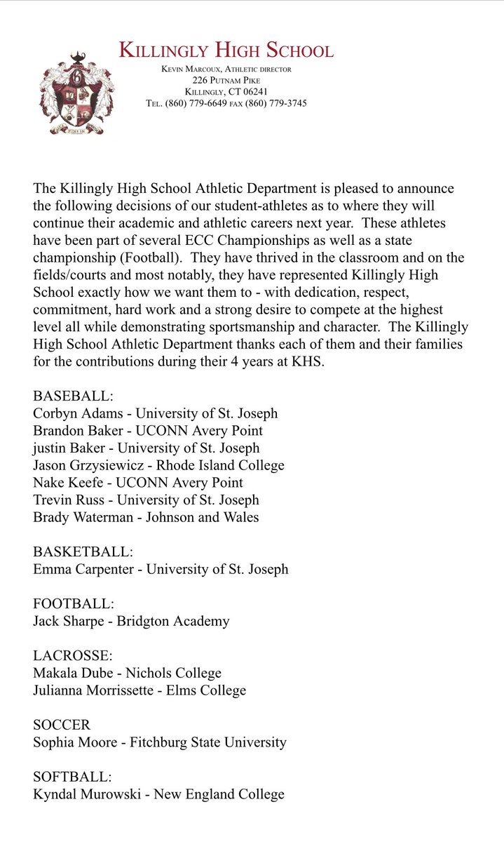 A great day at Killingly today, celebrated and acknowledged all of our senior athletes continuing their academic and athletic careers next year.  We thank them and their families for a great 4 years! @mike_winy @GameTimeCT <a href="/GameDayCT/">GameDay</a> <a href="/jmorelli44/">Joe Morelli</a> <a href="/jeffjacobs1231/">Jeff Jacobs</a> <a href="/ciacsports/">CIAC Sports</a>