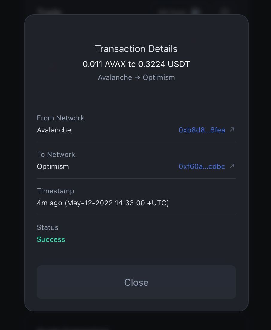 Try trade from @avalancheavax to <a href="/optimismPBC/">(Deprecated) Optimism ✨🔴✨</a>  and it’s is very fast and cheap

<a href="/hashflow_/">hashflow</a>  you guys are the best

Episode 4: swap to optimism completed