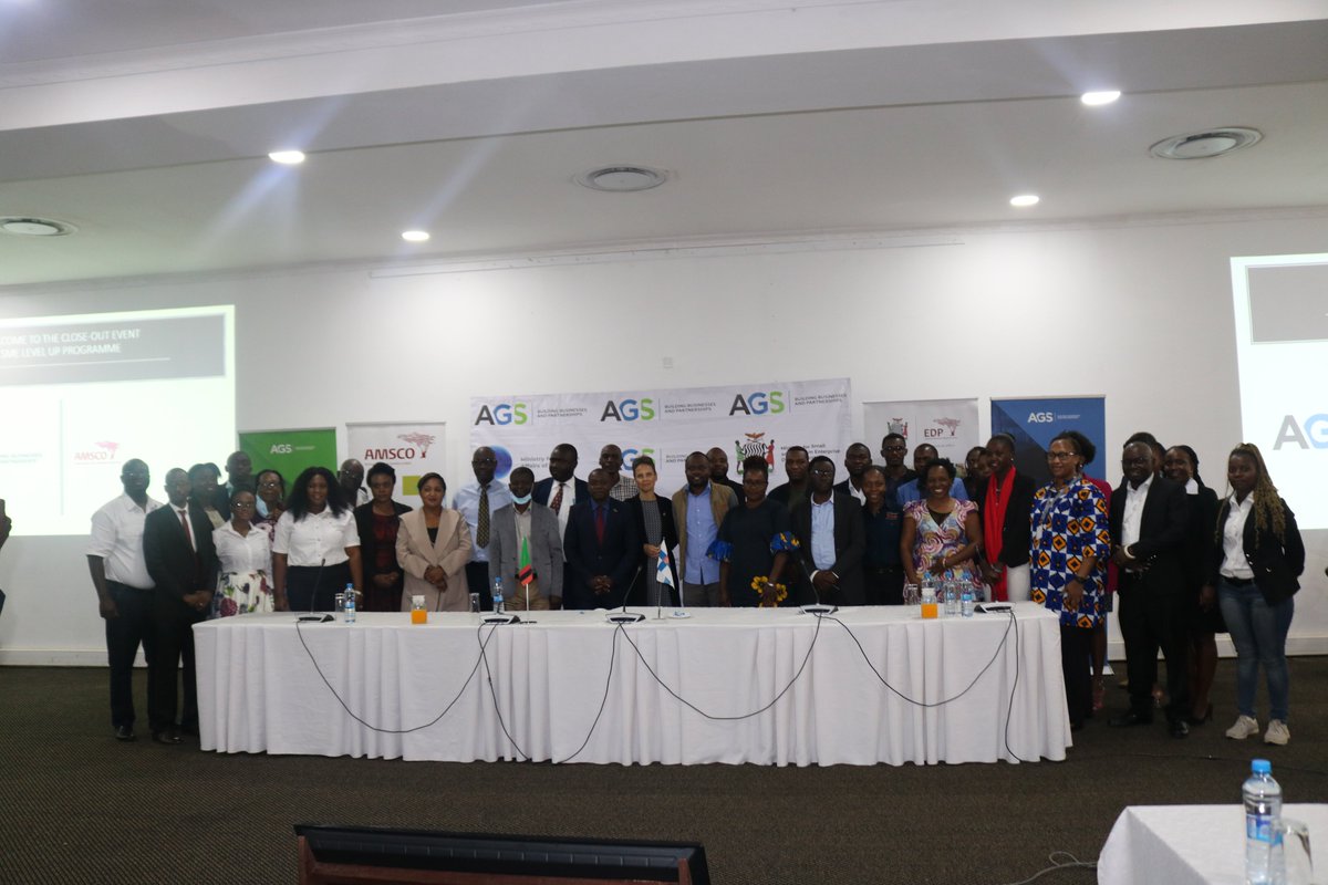 AGSZambia's tweet photo. This week, the AGS Programme recorded another 100% completion rate in its 2nd Cohort of its LEVEL UP Accelerator Programme (6 months of training, coaching & mentoring to boost company growth). 20 MSMEs successfully completed the training, run in partnership with AMSCO Zambia. https://t.co/nQUGDYIu8n