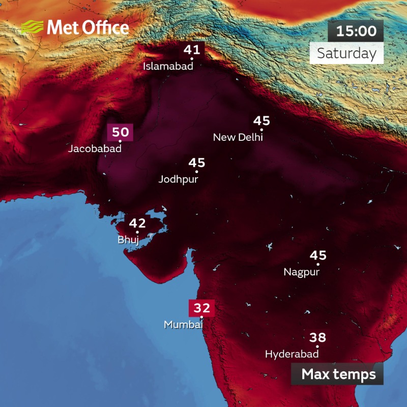 MetOffice_Sci's tweet photo. The latest @metoffice forecasts indicate that a #heatwave which has enveloped Southern Asia since the end of April looks set to intensify further, with some regions expected to see temperatures as high as 50°C.

Learn more in our blog post: