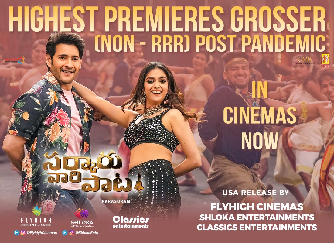 SSMBGlobalFC's tweet photo. Super🌟 @urstrulyMahesh is on a Record Breaking Spree🔥

#SarkaruVaariPaata is now the 
HIGHEST PREMIERES GROSSER 
(Non RRR) Post-pandemic for any Indian cinema in USA🇺🇸

#BlockbusterSVP 💥💥
#SVPMania #SVPUsaSandhadi

@KeerthyOfficial @ParasuramPetla @MusicThaman @madhie1 https://t.co/veaaAWDGcv