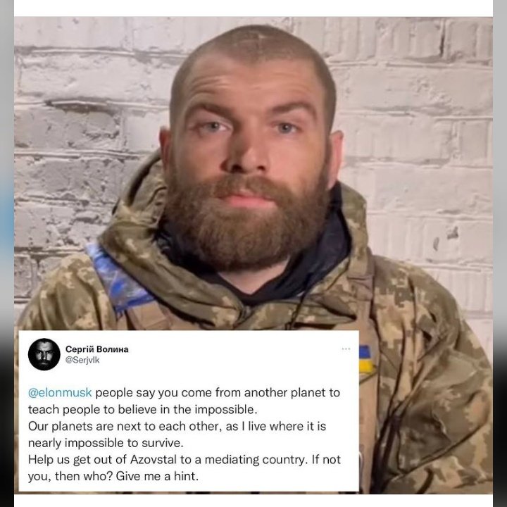 Alehandro_01's tweet photo. @Serjvlk @elonmusk Our soldier from Azov @Serjvlk asks for help. His words: @elonmusk people say you come from another planet to teach people to believe in the impossible. Our planets are next to each other, as I live where it is nearly impossible to survive. Help us get out of Azovstal tо a mediat https://t.co/JTd4K7GHB4