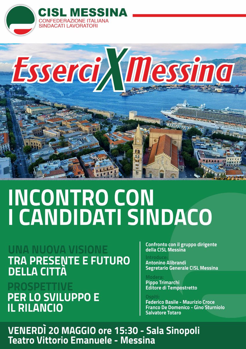 CislMessina's tweet photo. Amministrative 2022, venerdì 20 maggio alle 15.30 nella Sala Sinopoli del Teatro Vittorio Emanuele incontro tra i candidati a sindaco con i dirigenti e gli iscritti della Cisl Messina.
@NinoAlibrandi: «Vogliamo confrontarci sulla visione presente e futura della città» https://t.co/o6gdiuj6KU