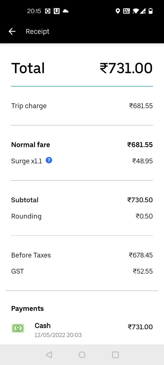 srawkh's tweet photo. #Uber Fooling 'n fleecing customers. Today evening I booked an Uber Prime and the fare showing was Rs 580/- but on completion of trip I was charged Rs 731/- and the Prime Sedan was in a battered condition. https://t.co/uND413kSWU