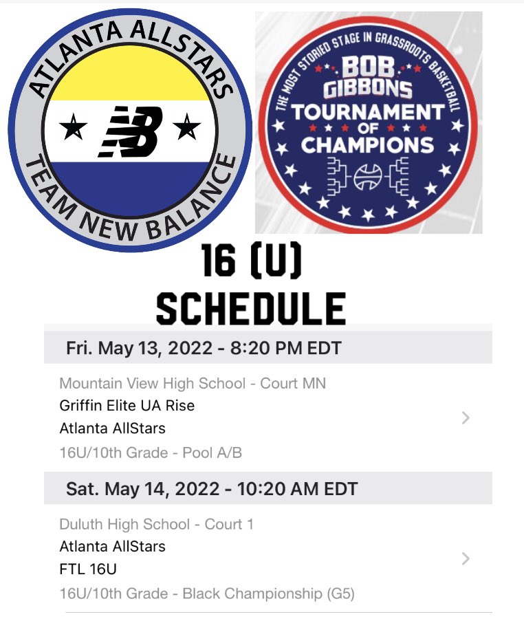 ATLAllstars2024's tweet photo. Bob Gibbons this weekend! Atlanta AllStars 16 (u) schedule below.  Saturday afternoon TBD. @ATLAllstars2024 @AtlAllStars_ https://t.co/NE4y49VcVr