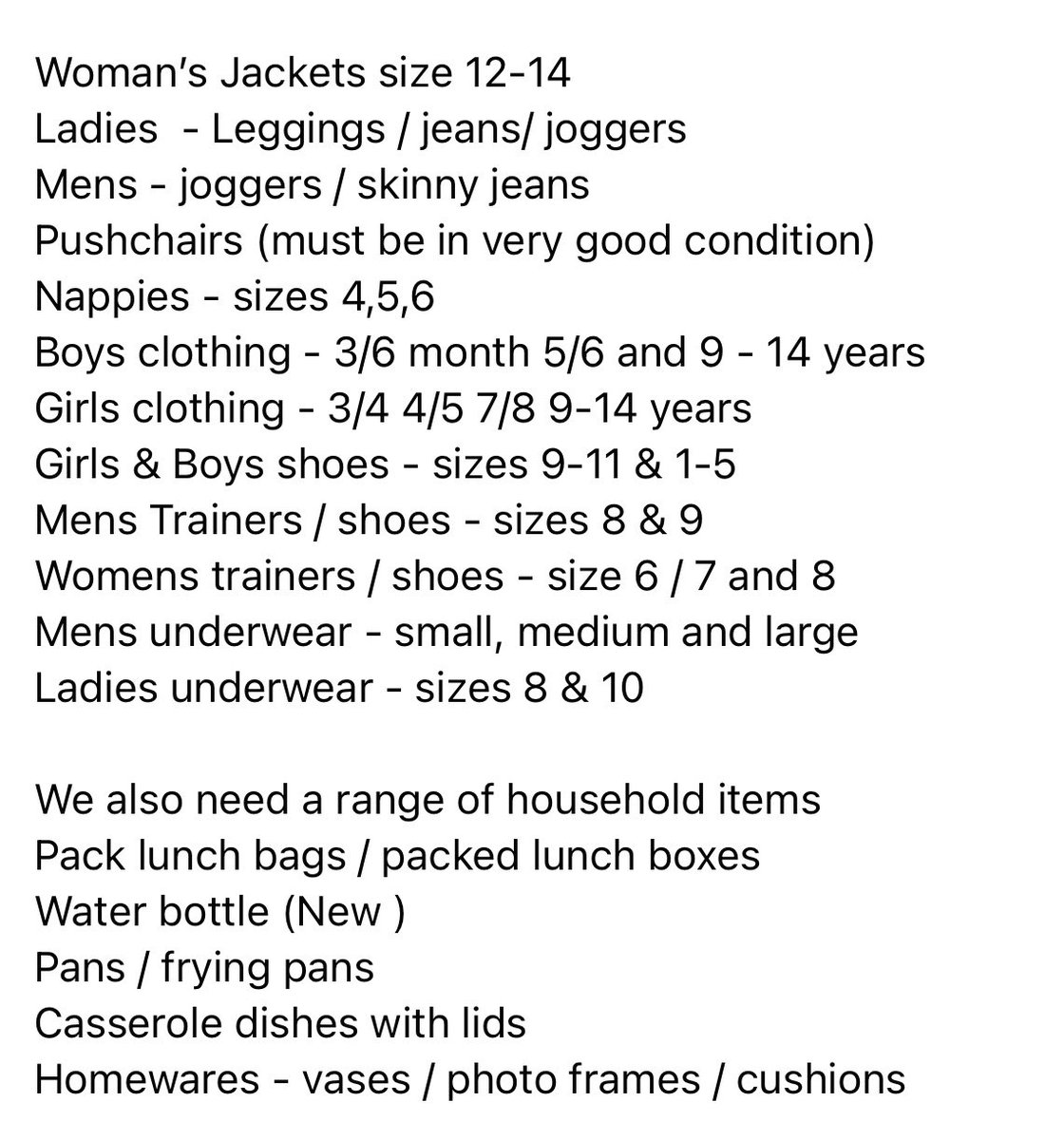 We are desperately in need of a range of donations. Clothing, Shoes, Household, kitchenware. check out our list below 👇🏻 ⬇️