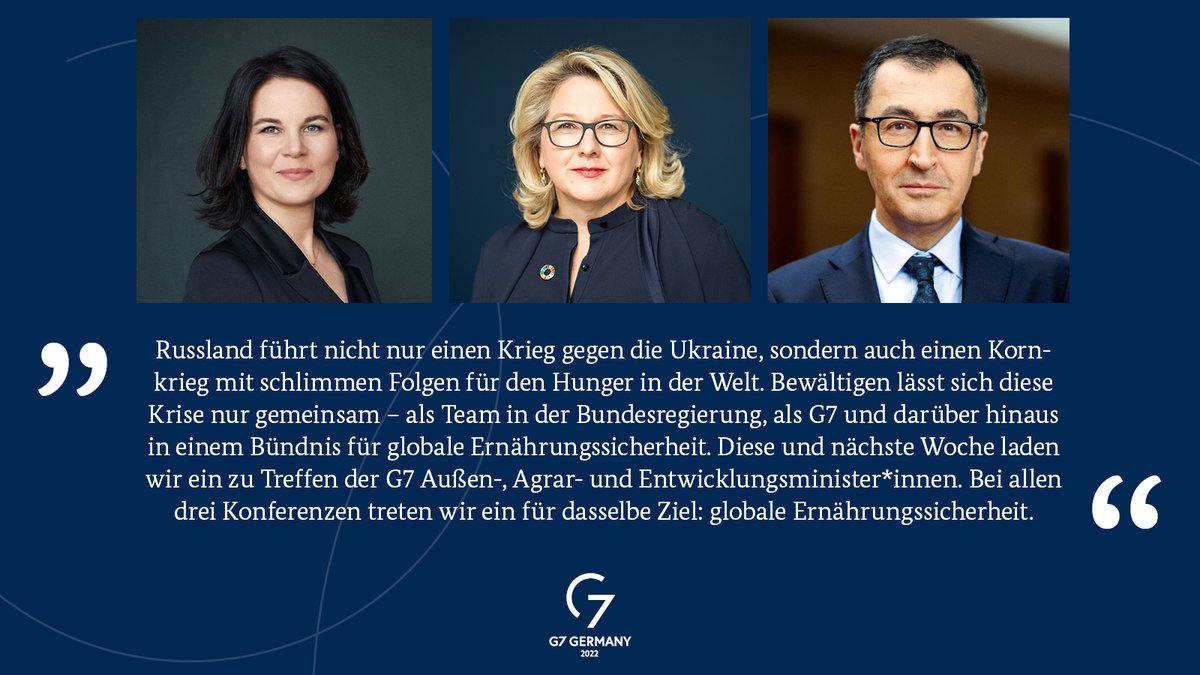 Gemeinsam gegen die Krise: Diese und nächste Woche laden Außenministerin @ABaerbock, Agrarminister <a href="/cem_oezdemir/">Cem Özdemir</a> und Entwicklungsministerin <a href="/SvenjaSchulze68/">Svenja Schulze</a> zu den Treffen der <a href="/G7/">G7</a>-Minister*innen. Das verbindende Thema: die globale #Ernährungssicherheit. #G7GER