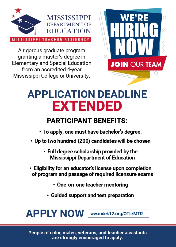 APPLICATION DEADLINE EXTENDED: If you have a bachelors degree and are interested in becoming a teacher, you may qualify for a full scholarship through the  Mississippi Teacher Residency program. 

youtube.com/watch?v=9wcEeI…