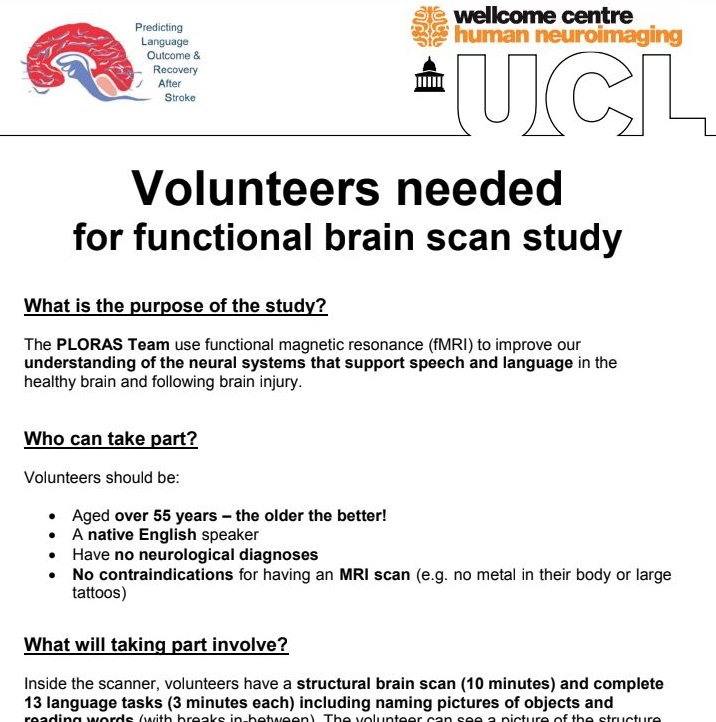 Non-stroke volunteers needed to help with our study! We are looking for people over 55 to visit us at @WCHN_UCL for a functional MRI scan. This is a great way to support our #stroke research in #aphasia and earn £15ph! drive.google.com/file/d/1M7b8wk…