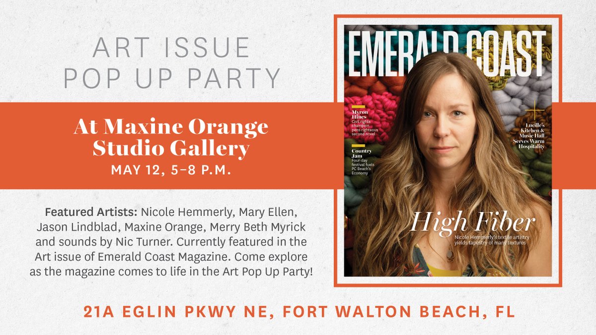 EmeraldCoastMag's tweet photo. Today is Pop Up Party! Swing by between 5 and 8 p.m. at @maxineorange to celebrate the April/May "art issue." See #linkinbio to learn more. See you later! #loveec https://t.co/YFQGKpJ7Ca