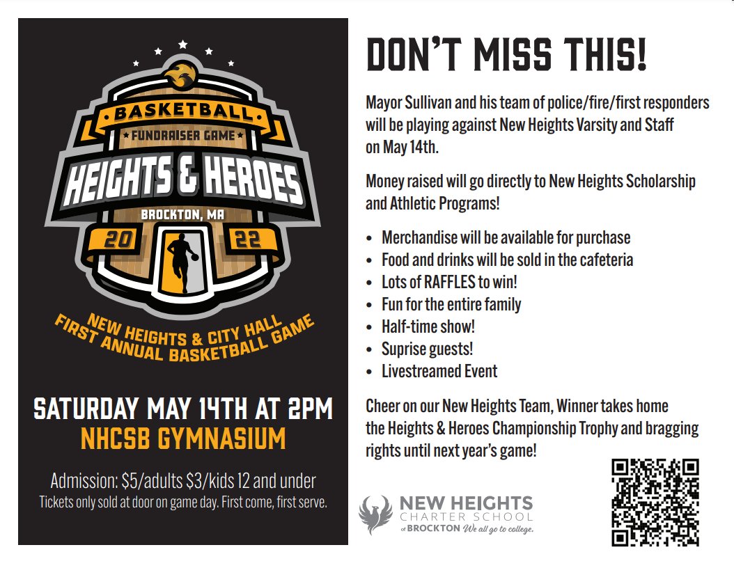 City of Brockton on Twitter: "Saturday, May 14th, at 2 pm, @CityBrockton is  playing in a fundraiser basketball game against New Heights Charter School  The event is open to the public. Purchase