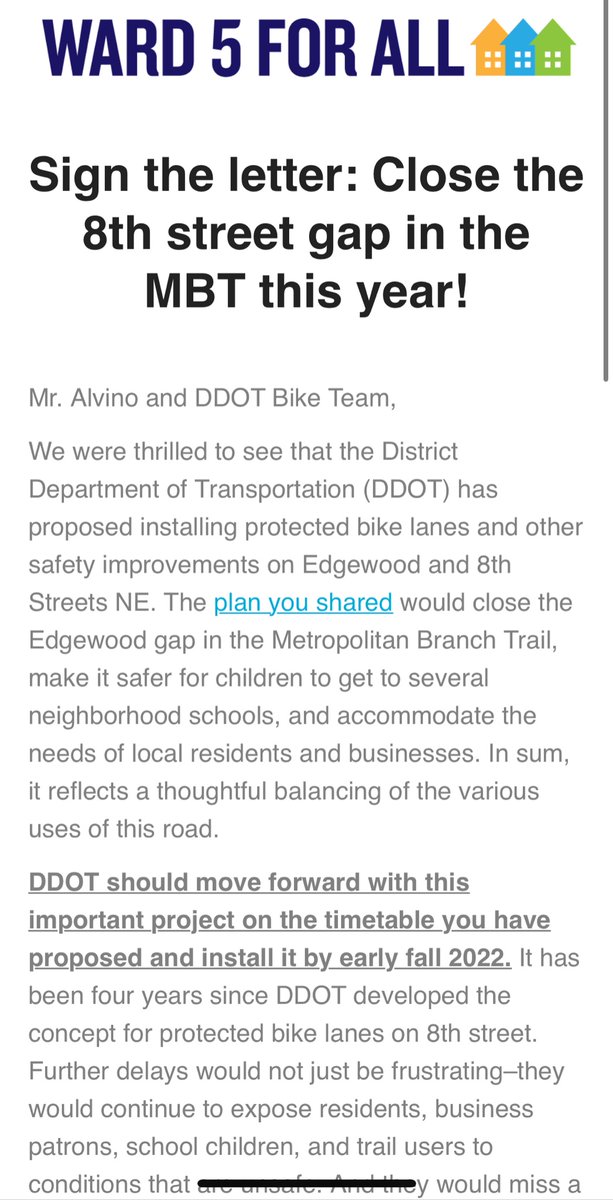 The updated <a href="/DDOTDC/">DDOT DC</a> 8th Street NE MBT plans are out, and they're great! The narrower one-way street will make traffic safer for all users and the protected cycletrack will fill the longstanding gap. Now we just need to get them built! Sign our petition! ward5forall.us17.list-manage.com/track/click?u=…