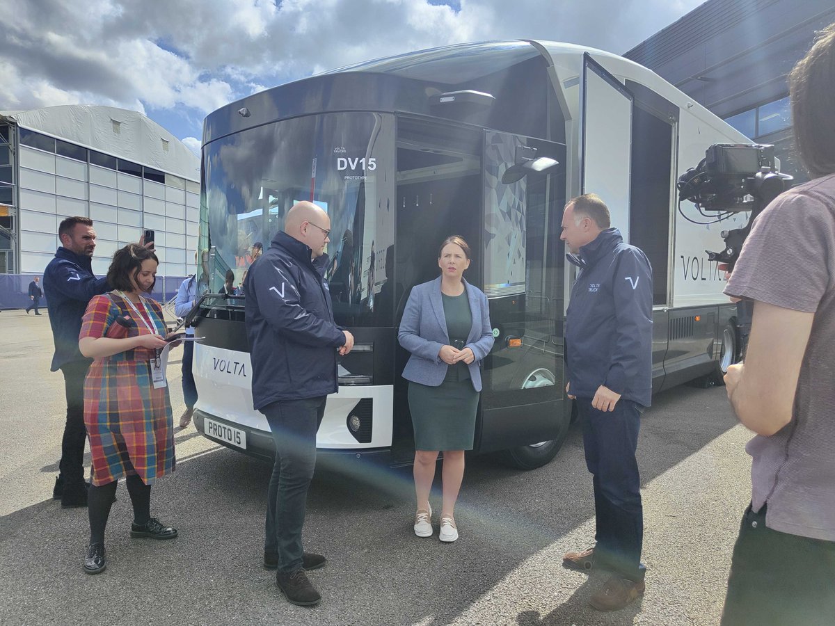 TrucksVolta's tweet photo. Duncan Forrester and Robert Gwynn of Volta Trucks had the privilege of introducing Trudy Harrison, Parliamentary Under Secretary of State at the @transportgovuk, to the full-electric Volta Zero at ITT Hub.

#electrictrucks https://t.co/XJ79DyKu9F