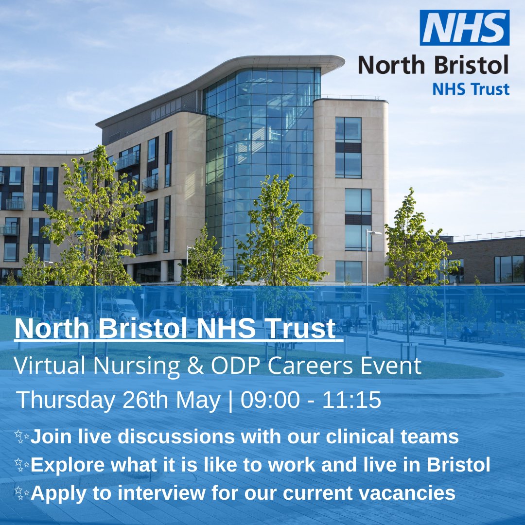 BFTCareers's tweet photo. 2 weeks to go until our Virtual Nursing &amp; ODP Careers Event! 

Thurs 26th May - 9:15 - 11:00

✨Join live discussions with our clinical teams
✨Explore what it is like to work and live in Bristol
✨Apply to interview for our current vacancies

Register: https://t.co/QluJh3AiFa https://t.co/5mzDKx7ckN