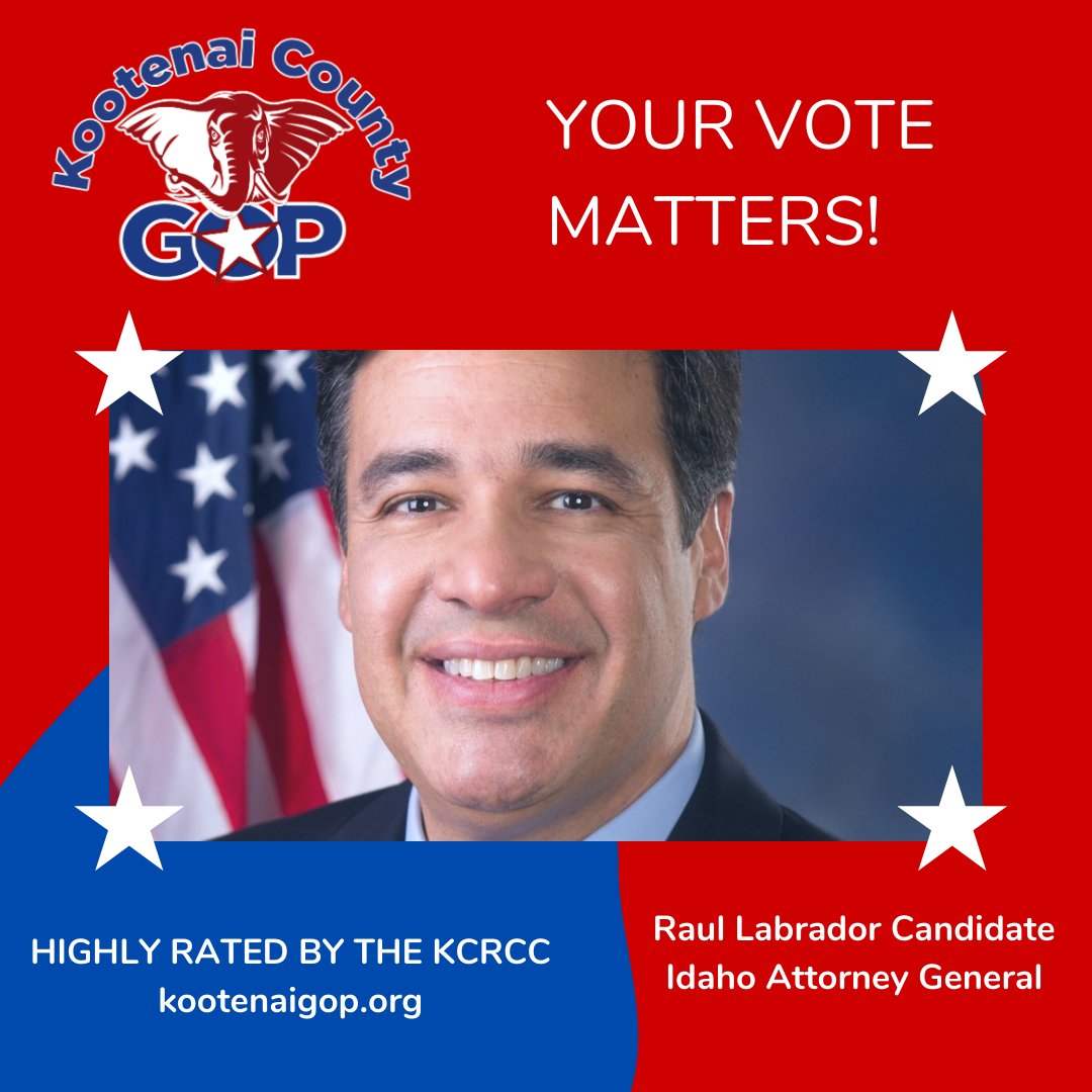 KCRCC's tweet photo. Vote Raul Labrador for Idaho Attorney General!
https://t.co/5RuFOtAusk
#kootenaigop #idpol #idgop #raullabrador https://t.co/t1koU6K141