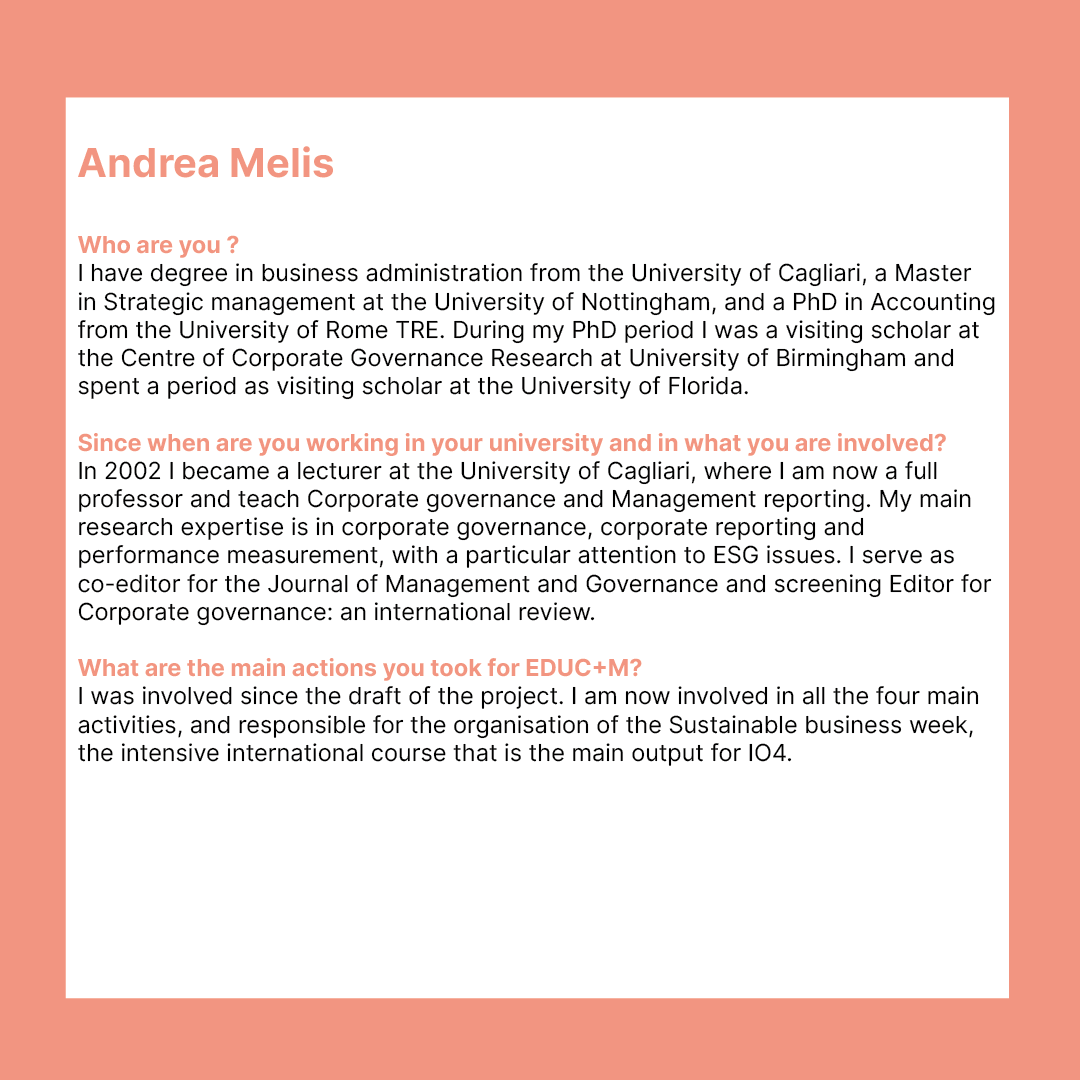 Discover the people behind EDUC+M project in our interview series!
Today, we are glad to present you Andrea Melis from the University of Cagliari!