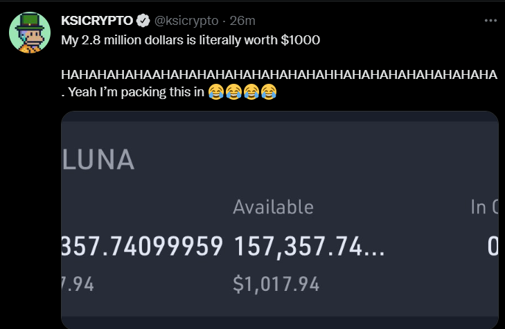 coffeebreak_YT's tweet photo. KSI bought $2.8 million dollars of LUNA and lost it all. (it's worth $1000.)🥴 https://t.co/KdZ2fG8KF2