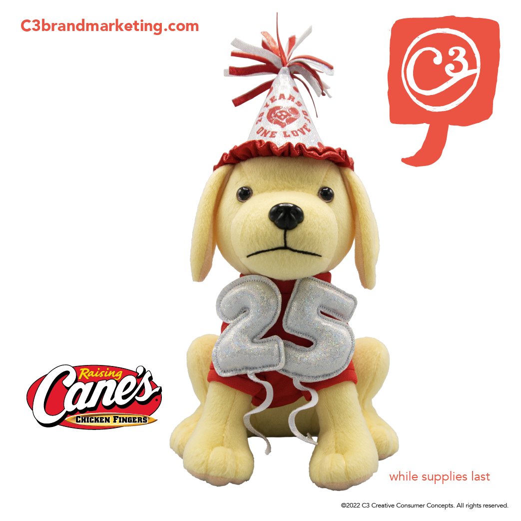 C3Lab's tweet photo. C3 was proud to partner with Raising Cane's to design and produce this adorable plush in honor of their 25th birthday. These puppies are available for purchase in restaurants and online to benefit Pet Welfare Organizations across the country. Happy 25th, Cane's! https://t.co/eup5SbdwSk