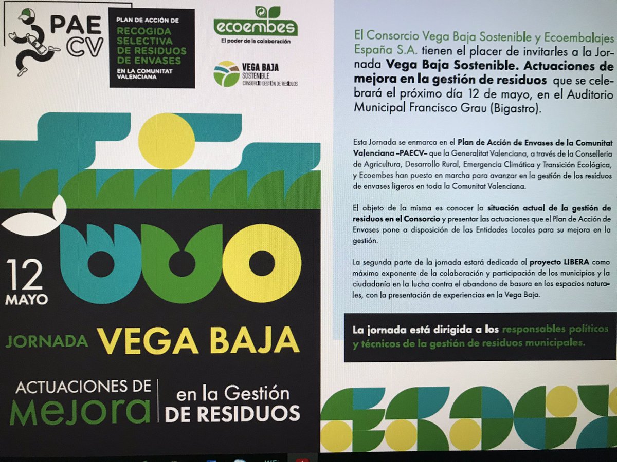 SoniaPC79's tweet image. Desde @ecoembes_com agradecidos a  @GVAagroambient y @CVBSostenible y a las entidades locales, por la sesión de hoy en el Consorcio VegaBaja Sostenible, y cómo mejorar en la gestión residuos, desde #PAECV al Proyecto LIBERA.