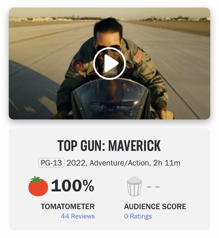 #TopGunMaverick, Rotten Tomatoes açılışını 44 eleştirmenden %100 puan alarak yaptı. 🍅
