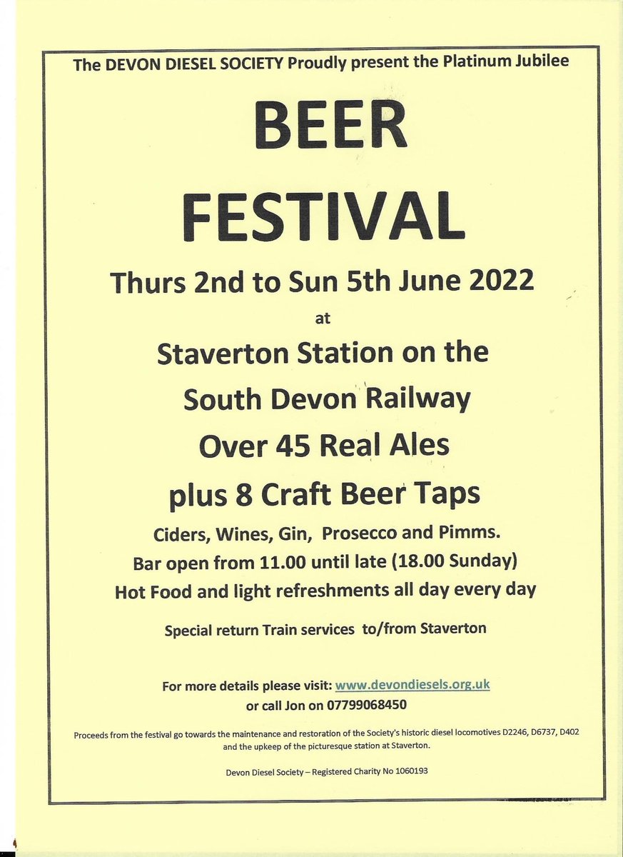 Thursday 2nd of June to Sunday the 5th June 2022 sees the return of our Beer Festival held at Staverton station <a href="/southdevonrly/">South Devon Railway</a> . All proceeds go to the restoration of D402, D6737 and D2246. We hope to see you there!