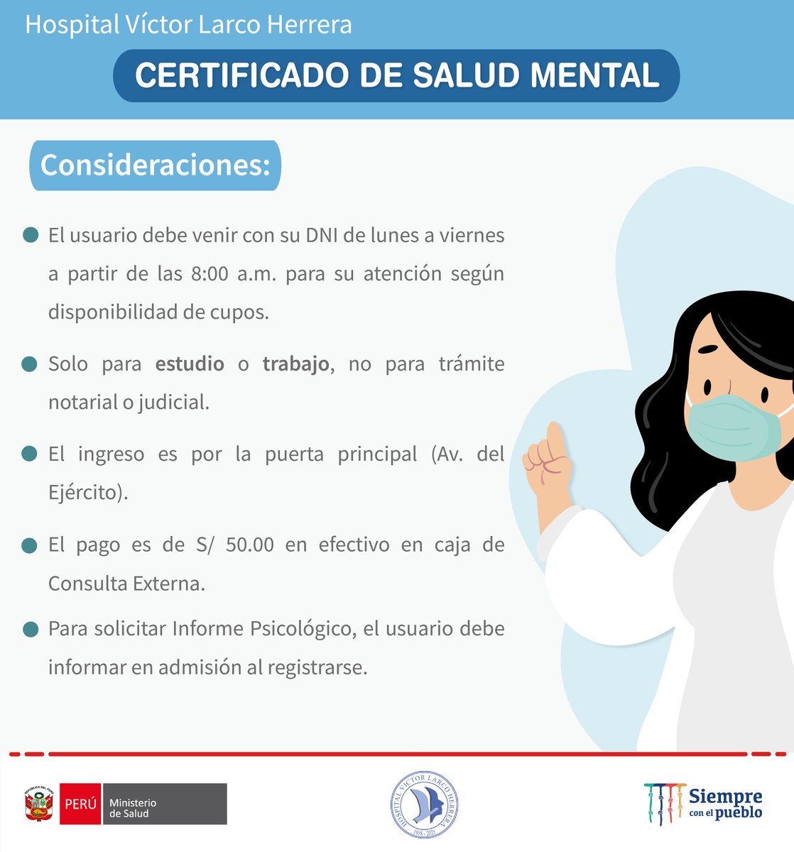 hlarcoherrera's tweet photo. ➡️El Hospital Víctor Larco Herrera emite Certificados de Salud Mental para estudio o trabajo.
#HospitalVíctorLarcoHerrera #SaludMental #MinsaPerú #DirisLC https://t.co/wziLn3I4XA