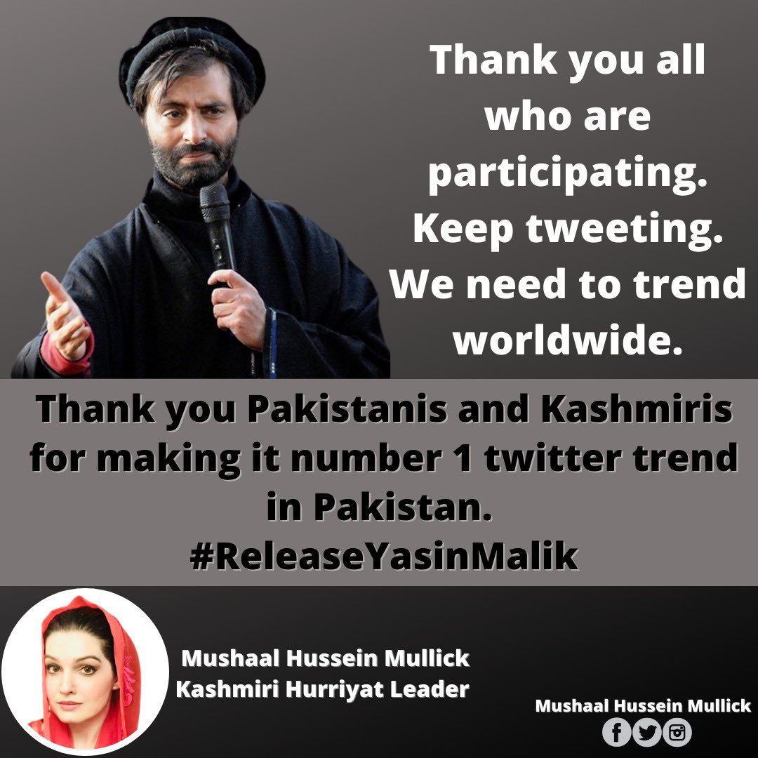 MushaalMullick's tweet photo. #ReleaseYasinMalik is trending in a number of countries right now. It is the TOP TREND in Pakistan. Well done everyone 👏🏽👏🏽 https://t.co/HOwjNsFnEj