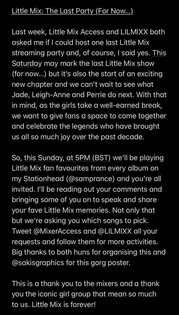 samprance's tweet photo. One last @LittleMix party (for now...) for the mixers. #TheLastPartyLM
https://t.co/YmlMeLFbPH https://t.co/O94S4QK2e4