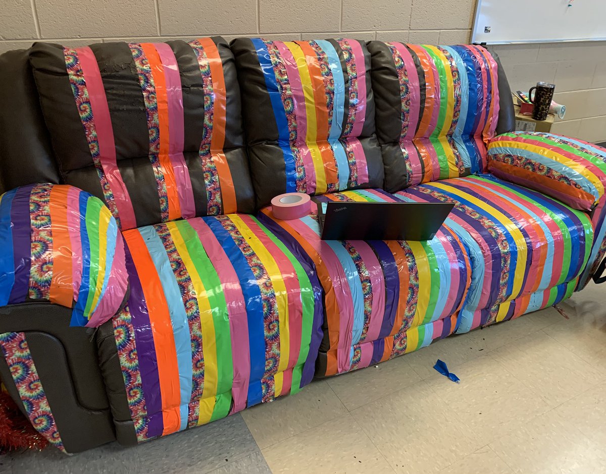 jamieldbrock's tweet photo. Nothing like recovering an old couch wth Ducktape! Kudos to the creative kiddos who made this happen!!❤️❤️ https://t.co/Q8kjumPWn5