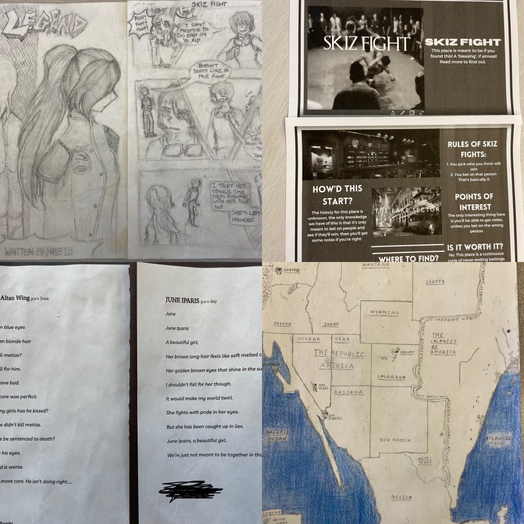 MsAbdelR's tweet photo. We read Legend by @Marie_Lu for our novel study and here is some of the awesome work from our choice board book reports! Students wrote letters to the author, news reports, character diary entries, and poems, and drew maps, fan art, travel brochures and comic book scenes! https://t.co/hIVLAxJ84P