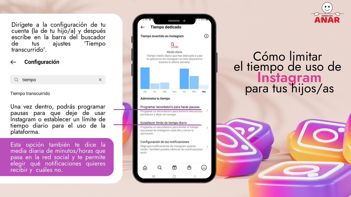 FundacionANAR's tweet photo. 🔊¿Cómo limitar el tiempo de uso de #Instagram para tus hijos/as?

#ddi2022 #diadeinternet https://t.co/7Rs9GTQ9aY