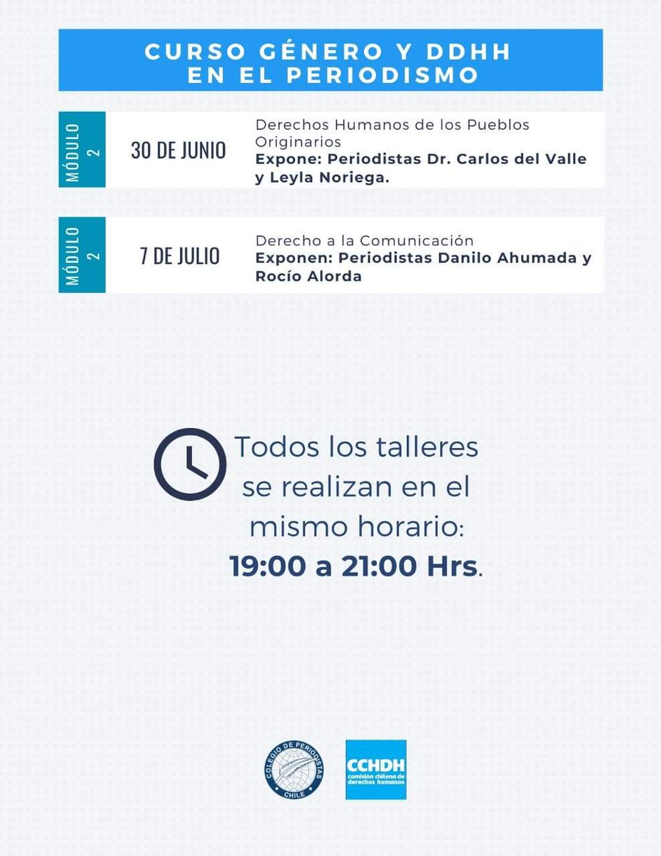 CddhhP's tweet photo. ➡️ Te invitamos a seguir participando de los talleres en Derechos Humanos, Género y Comunicaciones que realiza el Colegio de Periodistas de Chile junto a la Comisión Chilena de Derechos Humanos. ✊🏼💙 https://t.co/nhJaJFle4p
