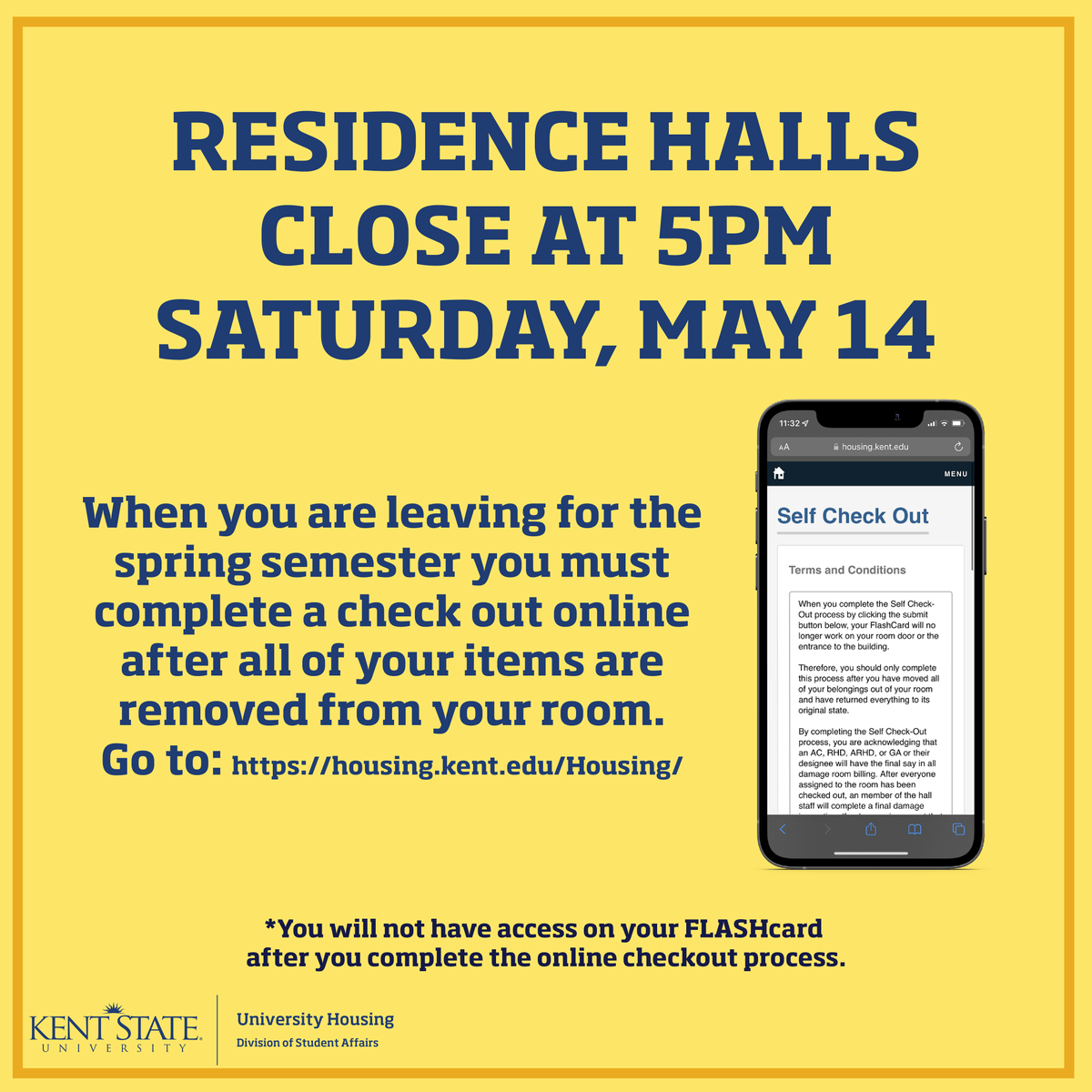 ksuhousing's tweet photo. Residence Halls are closing this Saturday at 5 PM! Make sure you have everything you need to be able to check out, and complete the online form on our website! https://t.co/uiPydWg56w