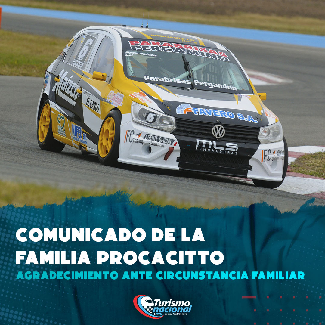 Apat_TN's tweet photo. Comunicado de la Familia Procacitto ✍

➡ Confirmamos que no estaremos en la cuarta fecha del Campeonato Argentino de #TurismoNacional por motivos familiares. 

➡ Aprovechando el espacio, agradecemos a todos quienes se comunicaron y nos acompañaron en este difícil momento. https://t.co/2InEUcfORc