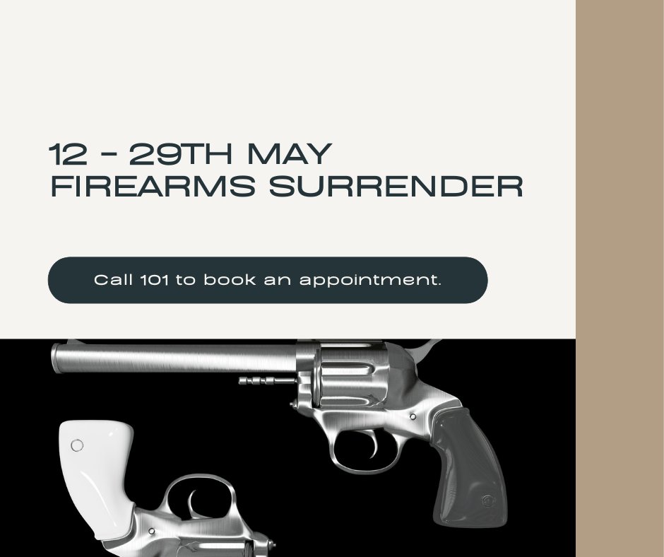 bedspolice's tweet photo. Today marks the first day of the national Firearms Surrender. Take this opportunity to hand in any unwanted or illegally held firearms and ammunition to police. Did you know you can do this anonymously? Just call 101. #firearmssurrender https://t.co/ITFLRi4cxU