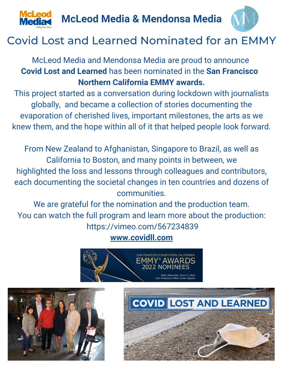 McLeodMedia's tweet photo. This #EMMY #nomination is a way to celebrate our team of collaborators &amp; friends.

Will Frampton, Cristina Mendonsa, Mike Thomas, Robert Ray, Janice McDonald, Jody Chesney &amp; Erik Brock comprised our main production team. More info: https://t.co/pRQJgOGbuX

Ceremony is June 11th! https://t.co/xIZqzDgoF9